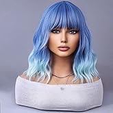 WTHCOS Ombre Blue Wigs for Women Short Curly Wavy Blue Wig for Girls Short Bob Wig With Bangs Heat Resistant Synthetic Wigs for Cosplay Costume Party (Blue Ombre Wig)