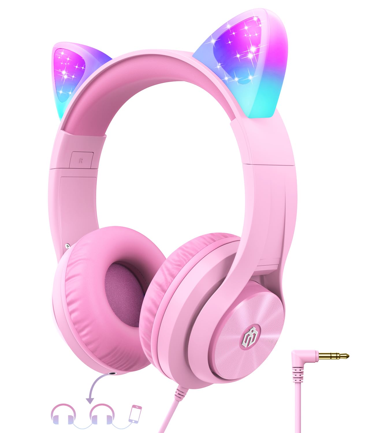 iClever Kids Headphones with Cat Ear Led Light Up, Safe Volume 85dBA Kids Wired Headphones with FunShare Foldable Over-Ear Headphone for School/Tablet/Travel