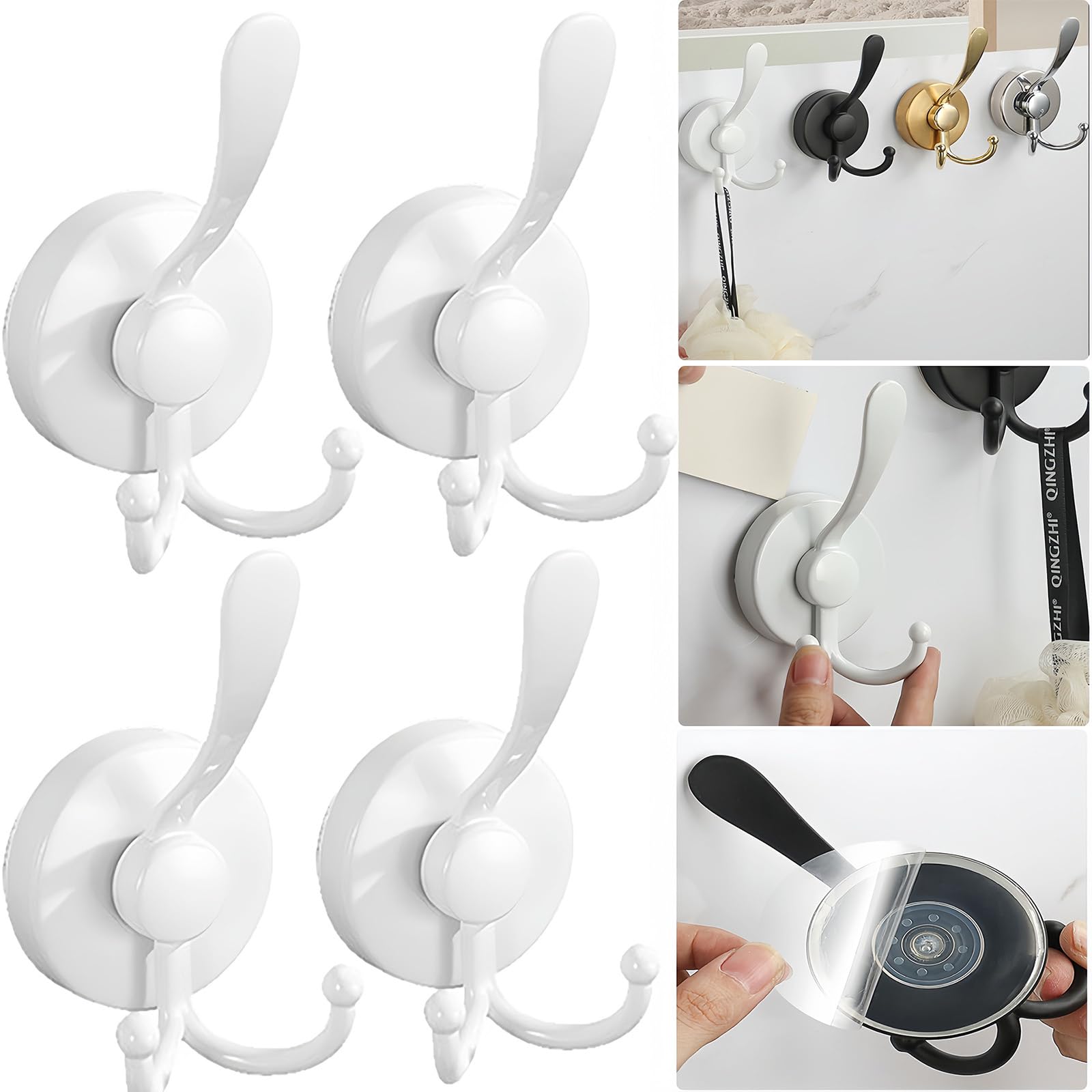 Boxonly No-Drill Suction Cup Duck Tongue Twin Hooks,2024 Upgraded Stainless Steel Waterproof Hooks for Bathroom,Shower,Kitchen,and Mirrors–Heavy Duty Towel Holders (4 Pcs, White)
