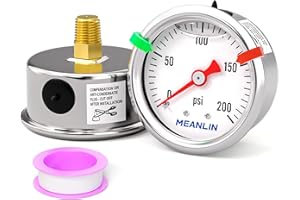MEANLIN MEASURE 0~200Psi Pressure Gauge, Glycerin Filled 1/8" NPT 1.5" FACE DIAL, Stainless Steel Liquid Filled Pressure Gauge WOG Water Oil Air Back Mount (with 2PCS Snaps)