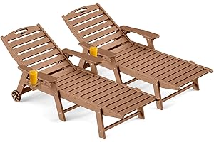 CIOKEA Outdoor Chaise Lounge Chair Set of 2, Patio Lounge Chairs for Outside, HDPE Lounge Chair with Wheels & Cup Holder, Poly Chair with 5 Position for Poolside, Deck, Brown