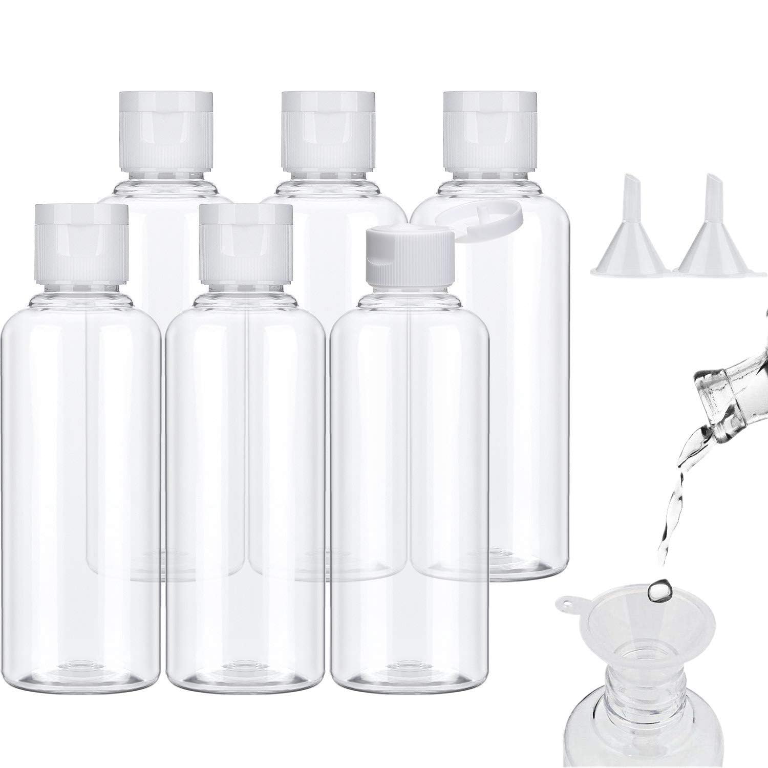Voarge 6 Pack 100ml Plastic Travel Bottles with 2 Small Funnels Clear Plastic with Small Funnel for Airplane, Airport, Holiday, Transparent, Medium, Modern, Transparent., m, Modern