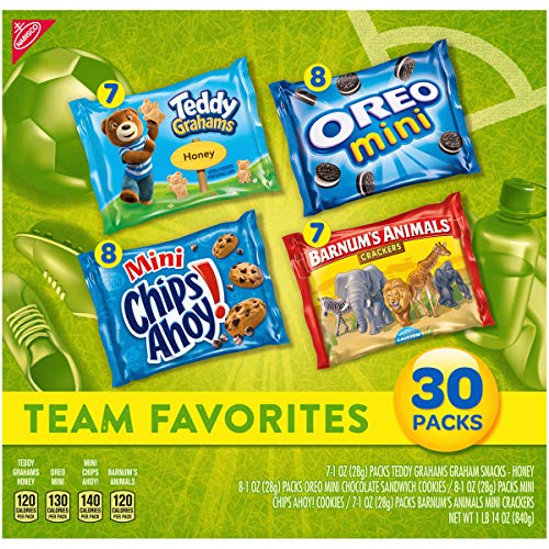 NABISCO TEAM FAVORITES VARIETY PACK, OREO MINI, CHIPS AHOY! MINI, TEDDY GRAHAMS HONEY & BARNUM’S ANIMAL CRACKERS, 30 SNACK PACKS