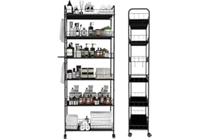Seadasyoon 6 Tier 10in Slim Rolling Storage Cart with Handle, Mobile Shelving Unit with Wheels, Metal Wire Storage Rack with Baskets for Kitchen Bathroom Office Laundry Narrow Piaces