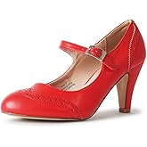 J. Adams Mary Jane Oxford Pumps - Cute Low Kitten Heels - Retro Round Toe Shoe with Ankle Strap - Kym