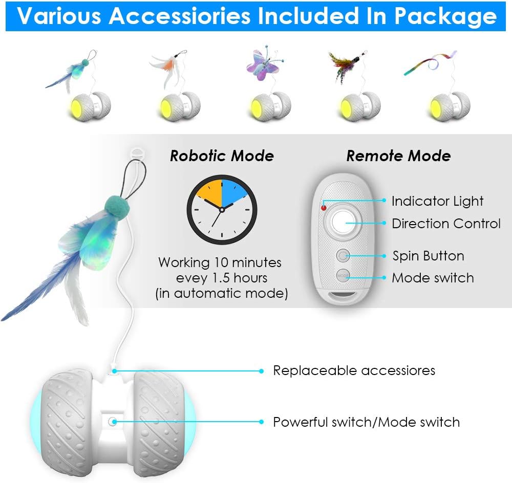 k-berho Remote Control/Robotic Cat Toys Interactive, Cat Toys for Indoor with Feather, Color Ribbon, Butterfly, Automatic Cat Toy with Irregular USB Charging 360 Degree Self Rotating Ball : Pet Supplies