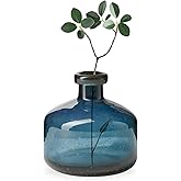 Torre & Tagus 5" Solid Blue Glass Vase for Flowers & Reed Diffuser Bottle - Mouth Blown & Watertight Clear Blue Vases for Modern Home Decor, Wide Bud Vases for Shelf, Bookcase, or Wedding Gift (Tito)