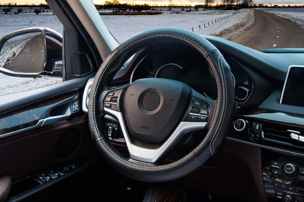 Super Accessories Auto Steering Wheel Cover Leather Universal 15 inch Fashion Feel Comfortable with Genuine Leather Steering Wheel Cover for Car Truck SUV (Black with White Lines)