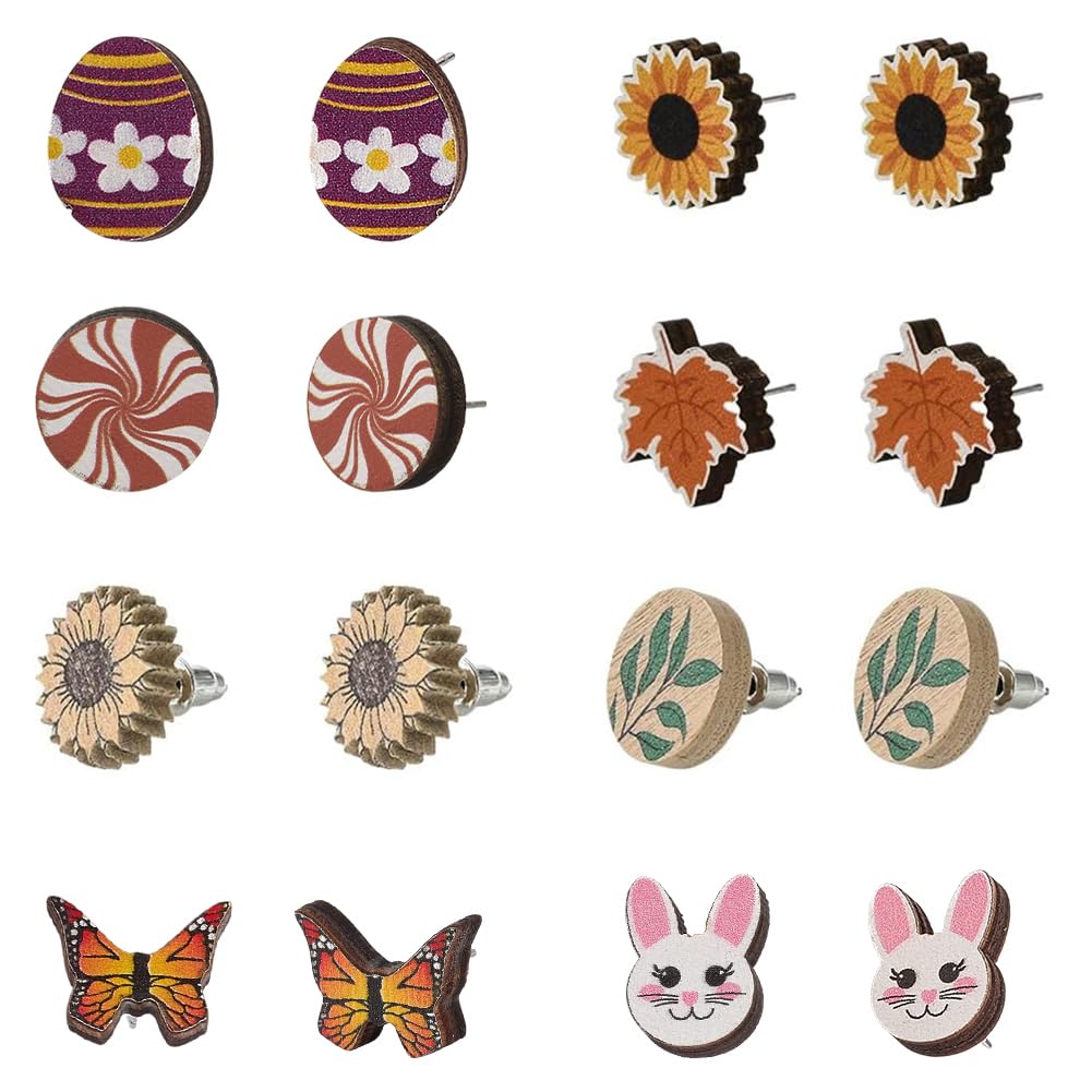 SUNNYCLUE 1 Box 8 Pairs Wood Stud Earrings Set Flat Round Natural Wooden Charms Cabochon Leaf Fox with Stainless Steel Ear Nuts for Women Jewellery Supplies