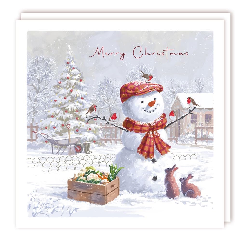 Tracks Publishing Christmas Cards Pack of 10 - Snowman in an Allotment with Robins and Rabbits - Eco-Friendly & Recyclable