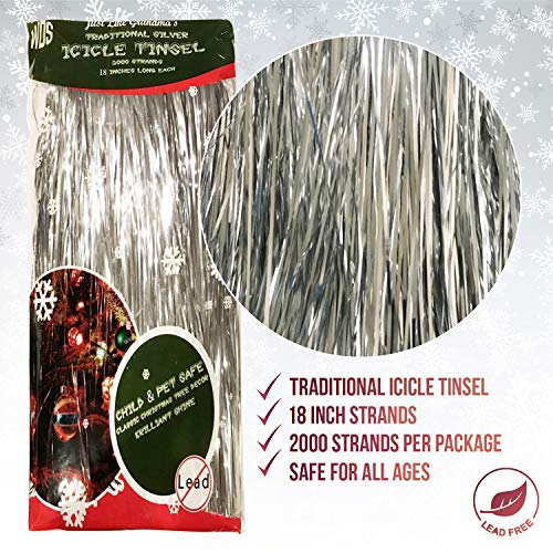Premium Icicle Tinsel Garland for Christmas Trees - 2000 Old-Fashioned Shiny Mylar Strands - Each Strand 18 Inch Long - Kid & Pet Safe (Lead-Free) - Hang with Ornaments & Xmas Decor (Silver)