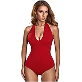 SweatyRocks Women's Y2k Sexy Deep V Neck Halter Bodysuits Backless Low Cut Plunge Bodysuit Going Out