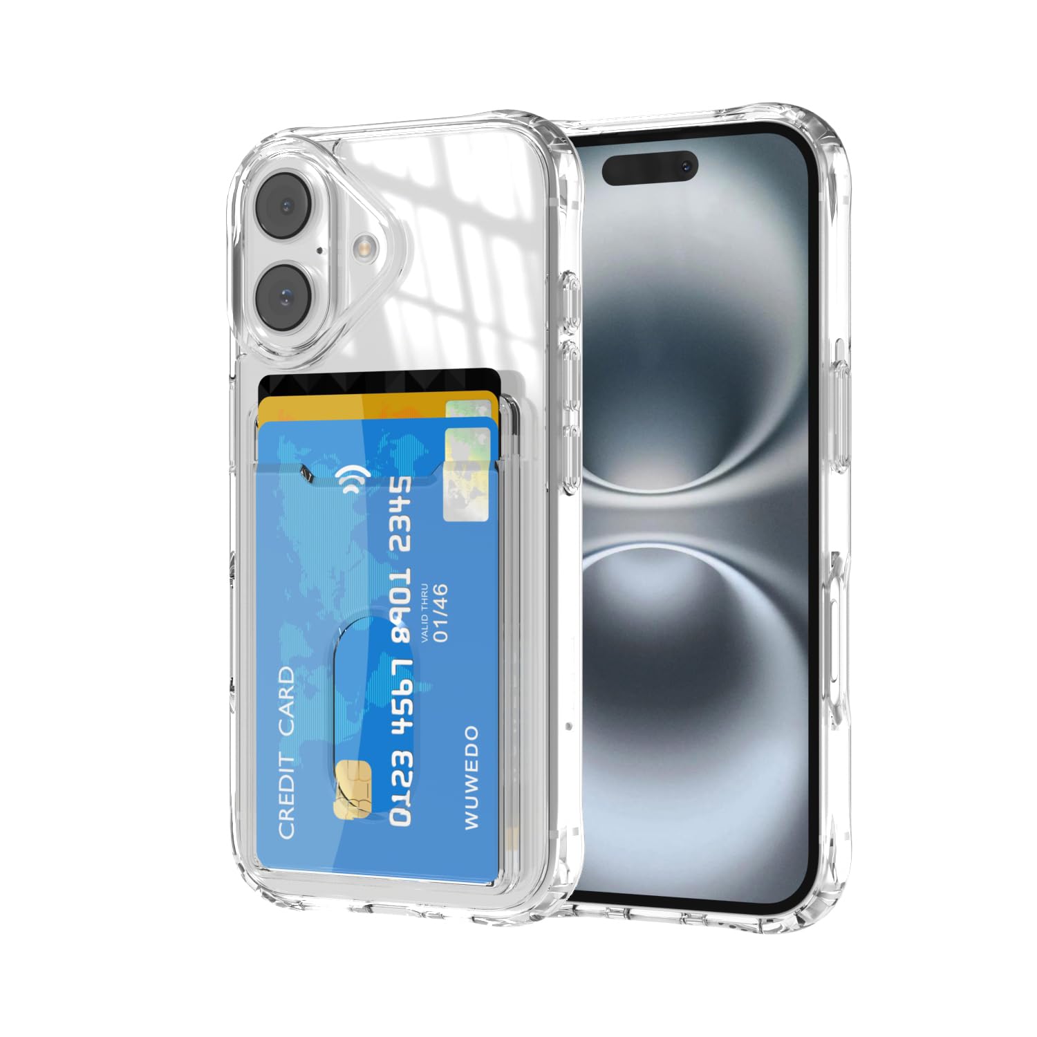 Wuwedo for iPhone 16 Clear Wallet Case with an RFID Blocking Card, Holds 1-2 Credit Cards, Anti-Yellowing, Hybrid Protective Phone Case with Card Holder, 6.1" 2024