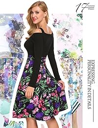 beyove Keyhole de la mujer Cold Shoulder, diseño floral clásico Patchwork Swing Vestido De Fiesta
