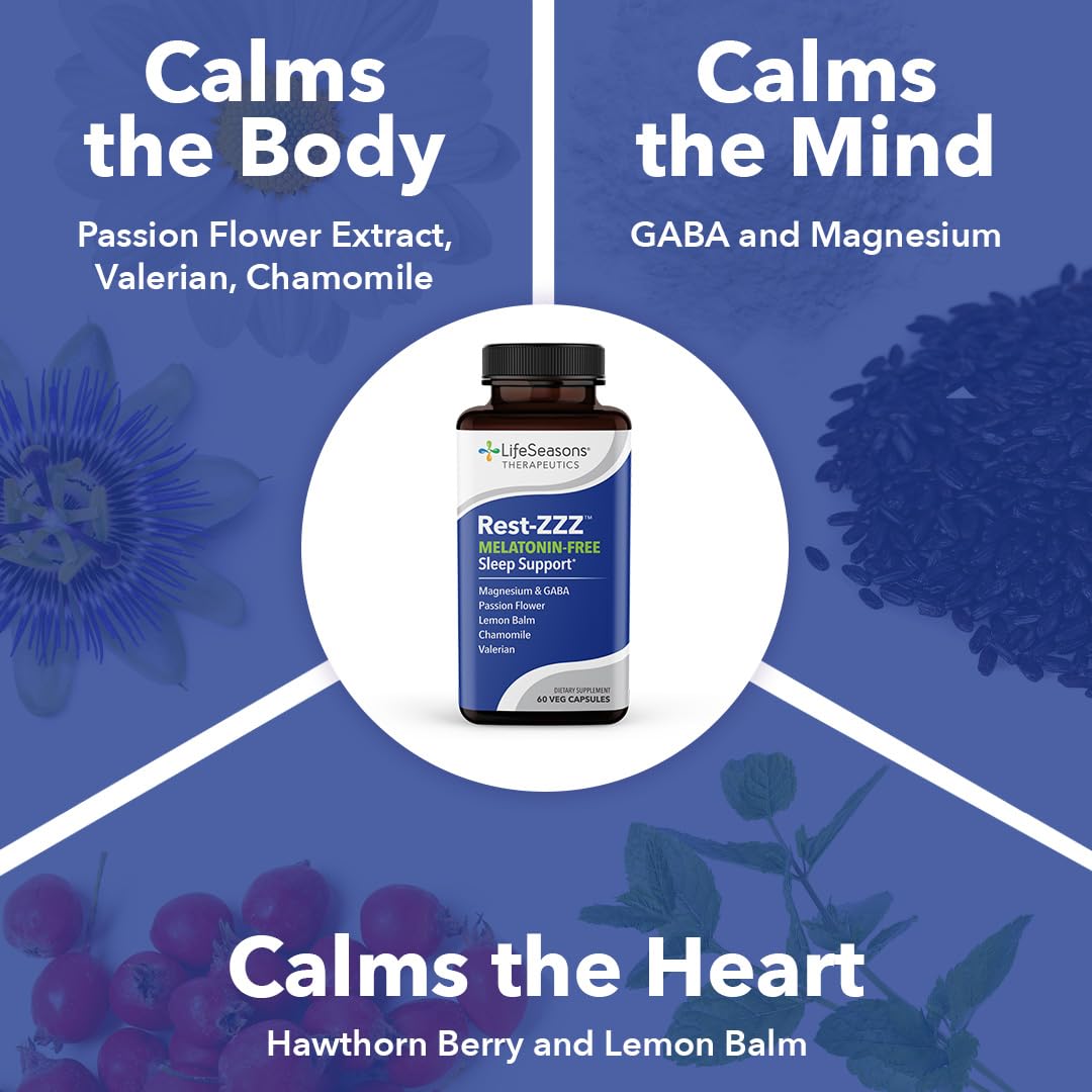 LifeSeasons Rest-ZZZ Melatonin Free - Sleep Support Supplement - Calms Nervous System - Eases Restlessness & Nerve-Related Sleeplessness - Magnesium GABA & Chamomile - 60 Capsules