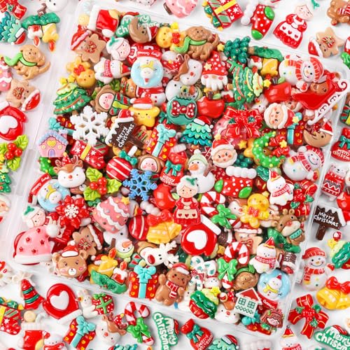 Vellibring 120PCS Christmas Cute Resin Flatback Slime Charms，60 Styles Bulk Christmas Cartoon Making Kit Decorations for Holiday DIY Craft Phone Cases Nails Scrapbooking