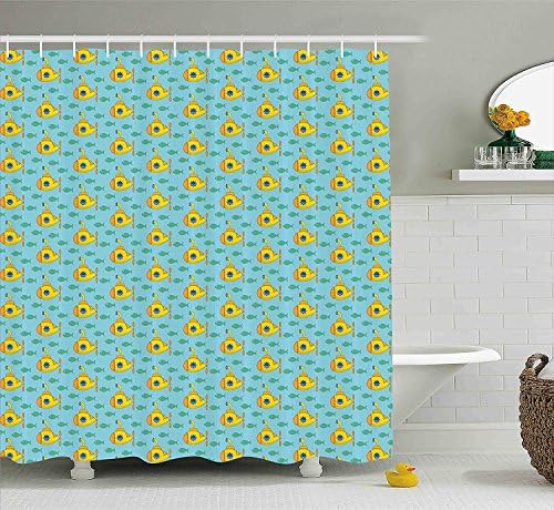 GOOESING Mildew Resistant Polyester Bath Curtains Yellow Submarine Aqua Pattern Little Fish Shower Curtain for Bathroom Bathtub Decoration with Hooks