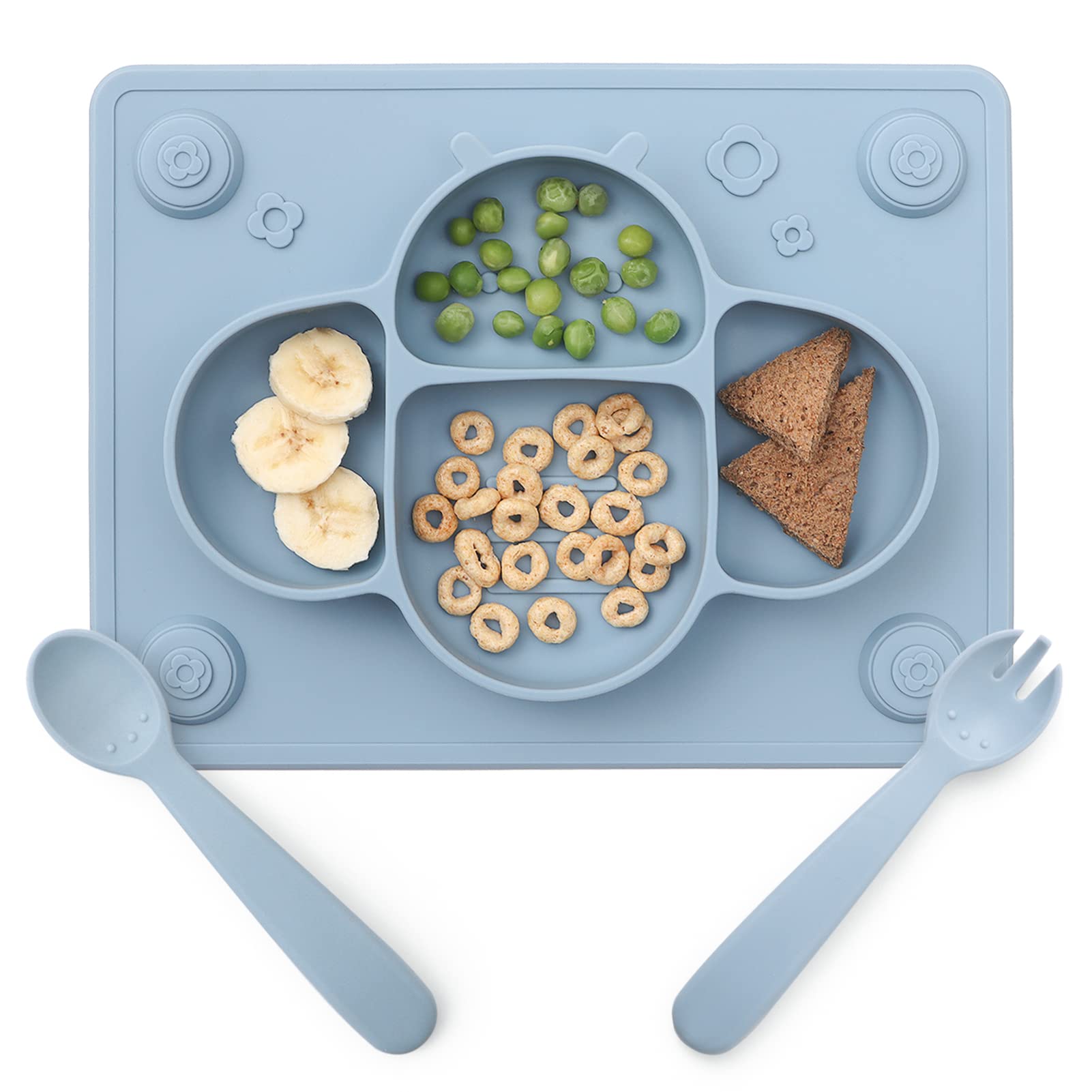 Photo 1 of ROCCED Suction Plates for Baby placemat Spoon Fork Set for Toddlers, Silicone Baby Plates with Suction Baby Dishes for Kids Plates-Dusty blue