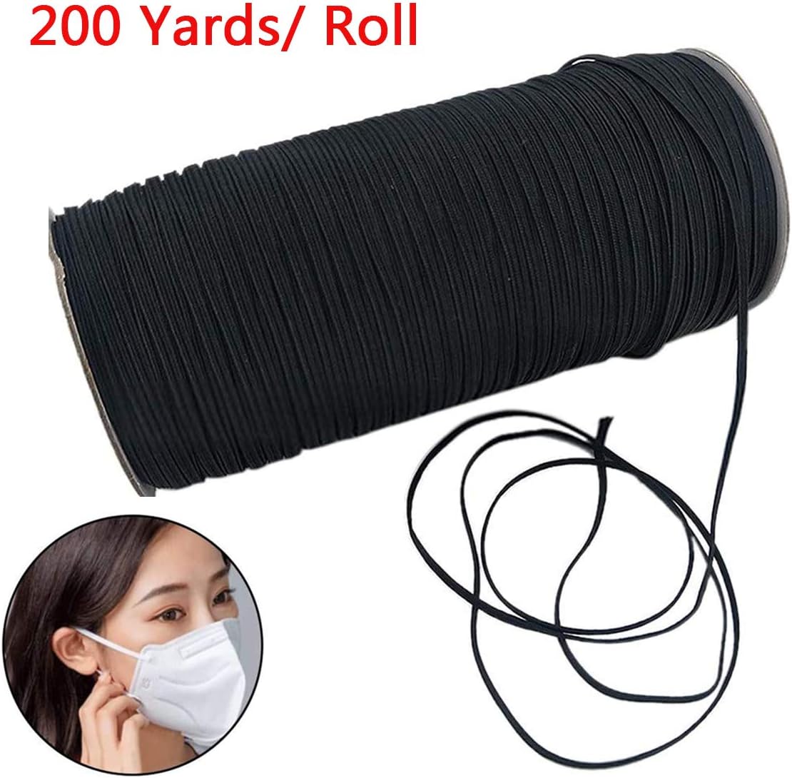 BDlouho 200 Yards Length 1/8 Inch Width Elastic Band White Briaded Knit Elastic String Cord Heavy Stretch Elastic Band for Sewing Craft DIY, Mask (Black, 1/8 inch(200Yard))