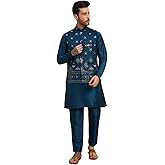 Pro-Ethic Style Developer Mens Heavy Cotton Silk Sequence Kurta Trouser Set With Waistcoat (Nehru Jacket) (C-118)