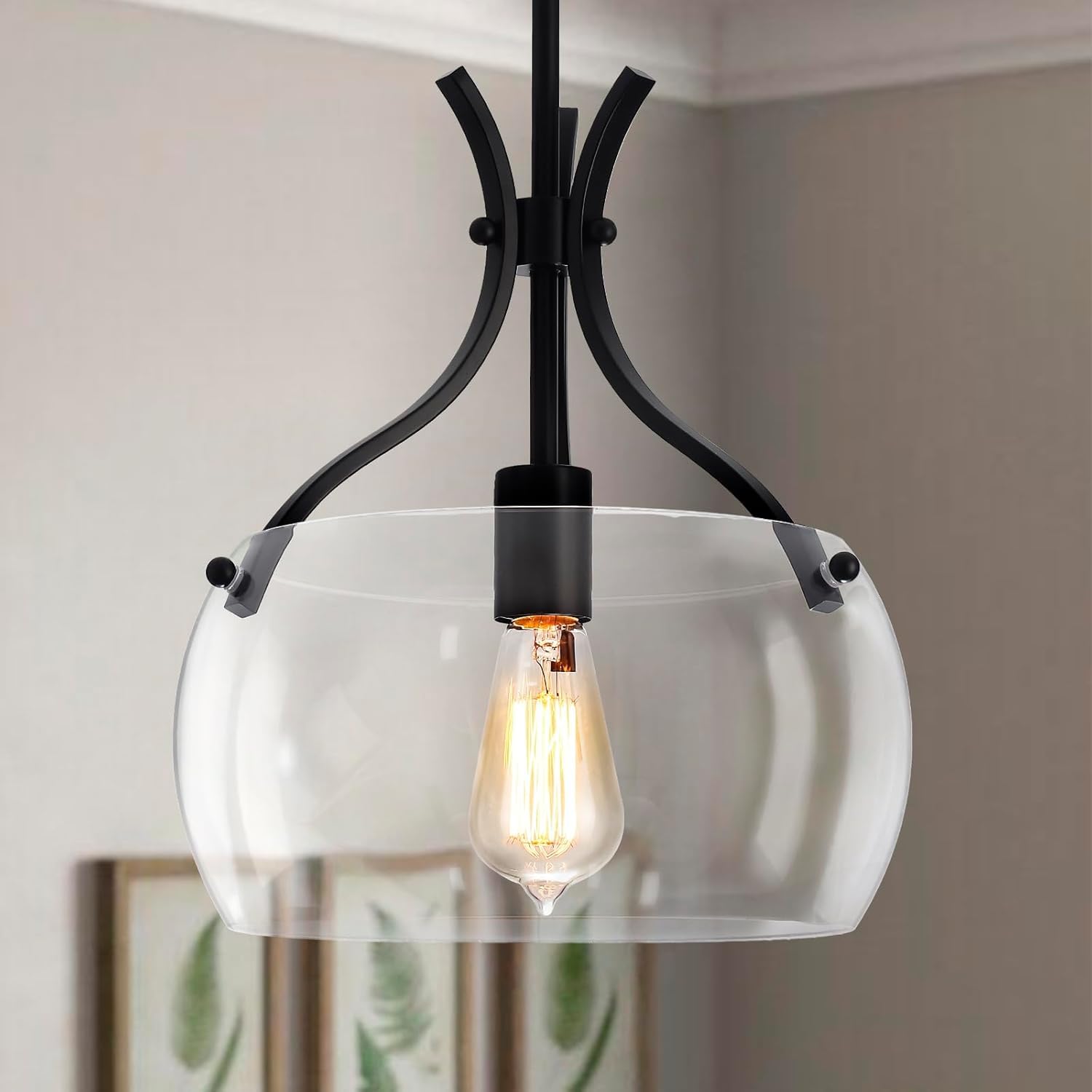 Photo 1 of ZLNIDJIA Glass Pendant Light Kitchen Island, 11.8" Industrial Hanging Light Fixture, Black Pendant Lighting with Glass Shade for Dining Room Kitchen Sink Hallway Entryway