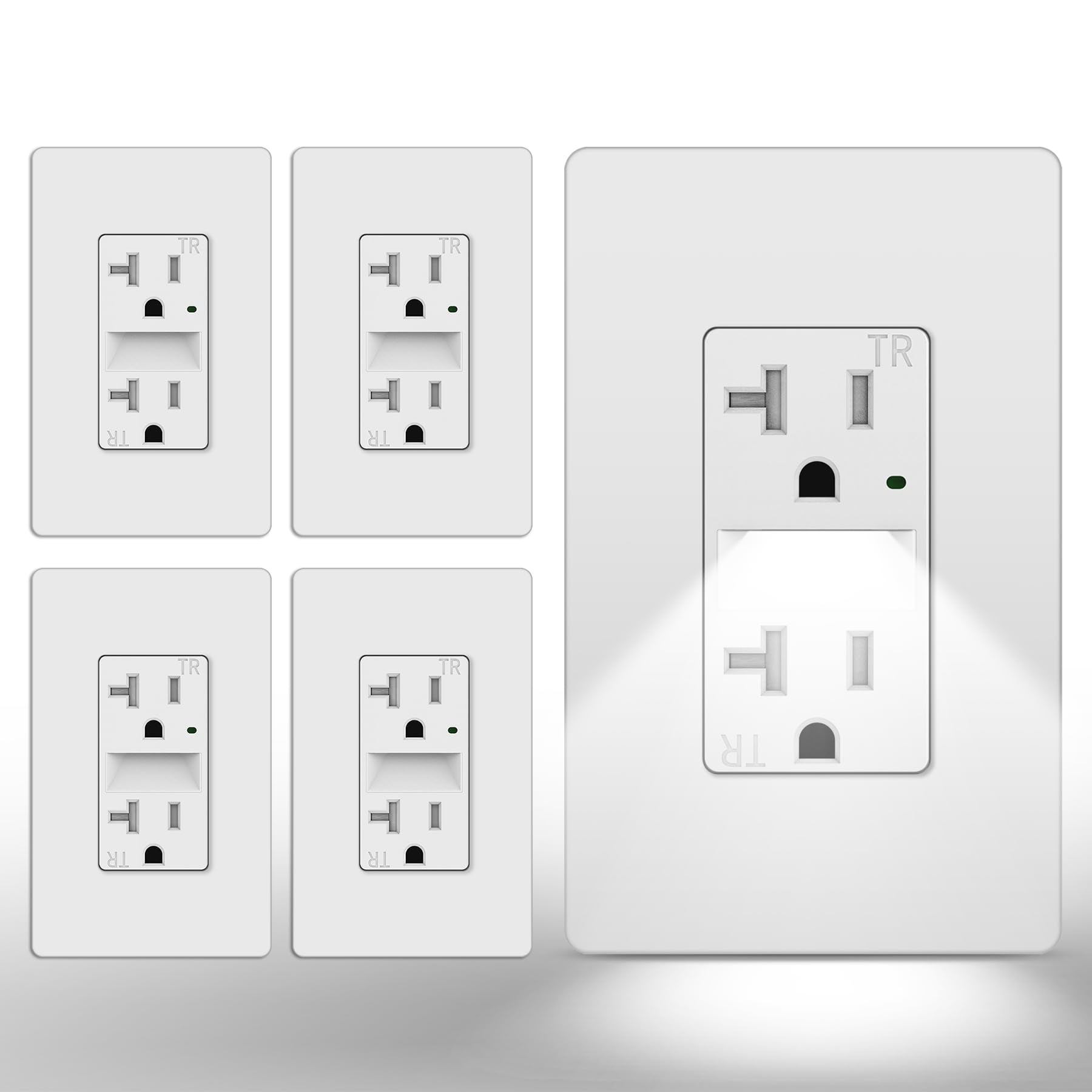 Photo 1 of CML 20 Amp Decorator Outlet Receptacle with LED Night Light, Standard Electrical Outlets with Guide Lights, Tamper Resistant, Screwless Wallplate Included, ETL Listed, 5 Pack, White