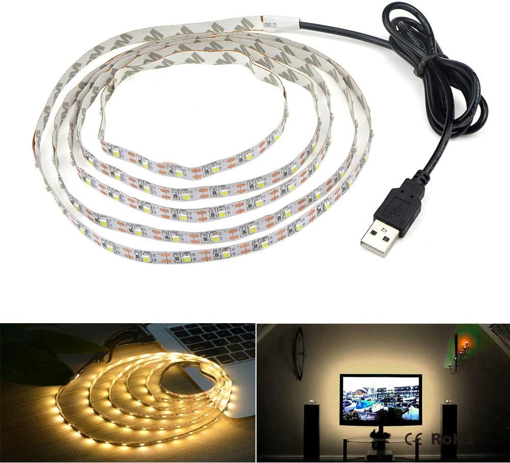 LED Strip Lights, USB TV Backlight 6.56ft/2m LED Lights for 40~60in HDTV, Non-Waterproof SMD 3528 5V Warm White Bias Lighting