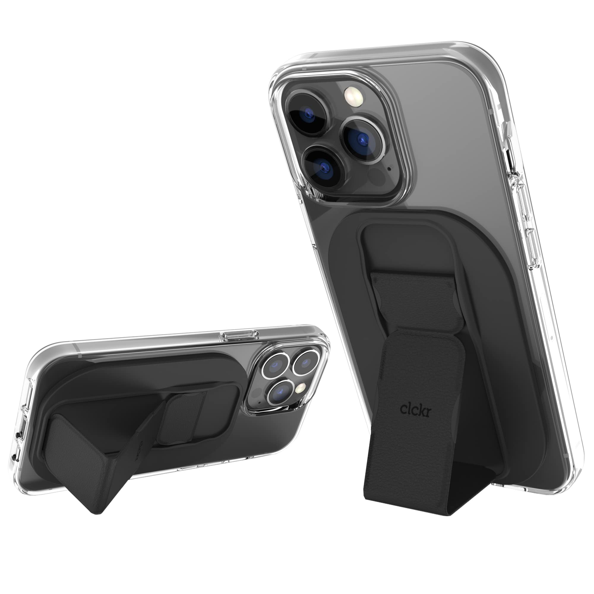 CLCKR Mobile Phone Grip Holder Compatible with MagSafe iPhone 14, iPhone 13 Series, Removable Magnetic Phone Kickstand with Finger Strap, 3500G Strength Magnet for Extra Strong Mount, Black
