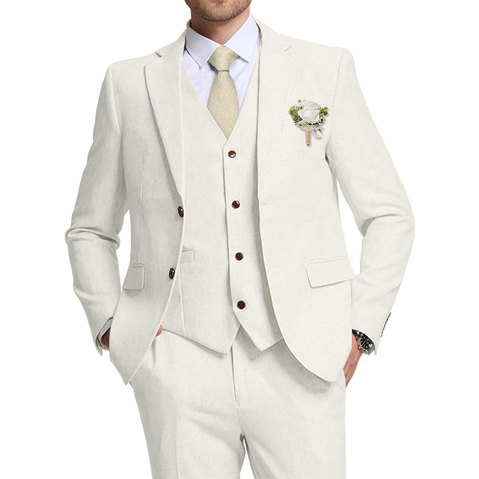 High-End Suits 2024 Ivory Mens Linen Tuxedo Suits