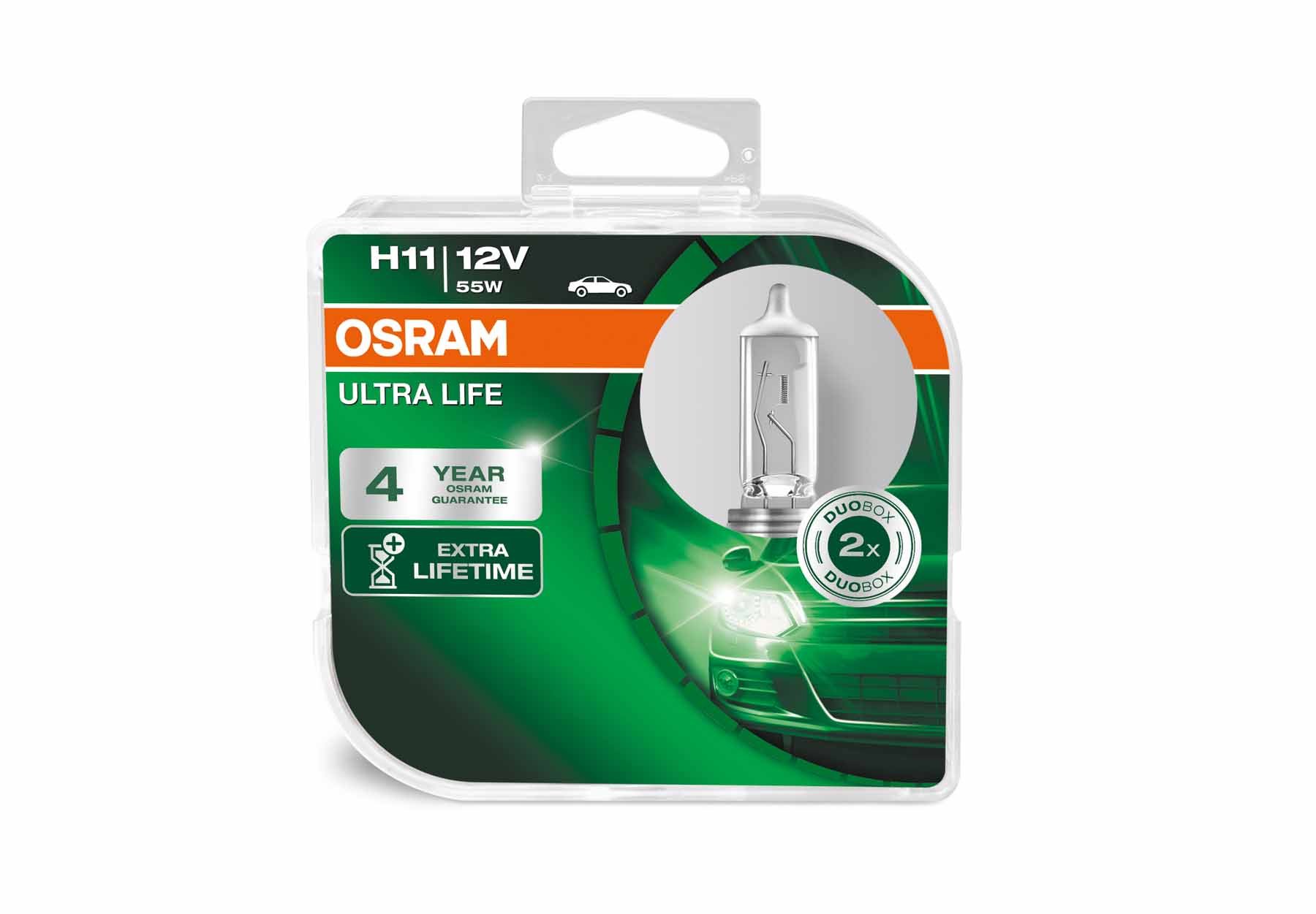 OSRAM ULTRA LIFE H11, halogen headlamp, 64211ULT-HCB, 12 V passenger car, duobox (2 units)