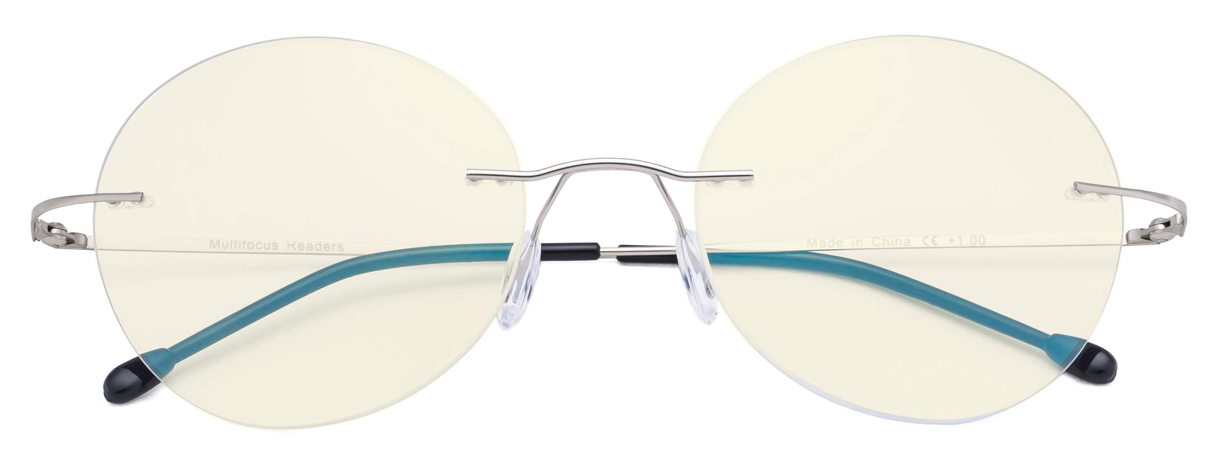 CessBlu Rimless Progressive Reading Eyeglasses Round Multifocus Readers Blue Light Blocking Women (Silver) +3.5