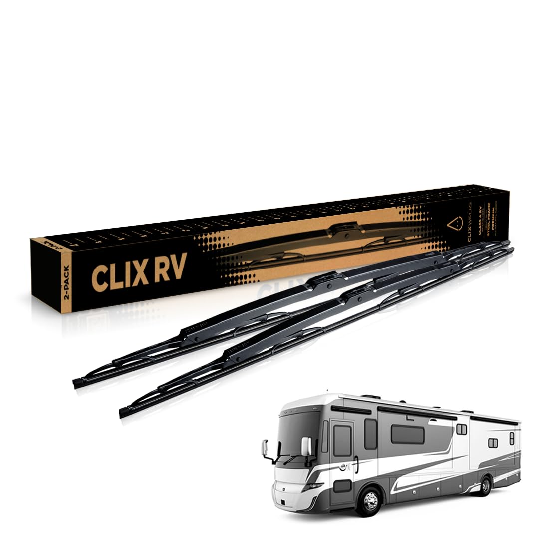 Photo 1 of ClixWipers RV 2-Pack 32" + 32" Class-A OEM Heavy Duty Replacement All-Weather Steel Windshield Wipers for Jumbo Hook Arms - w/Saddle Adapter (Set of 2)