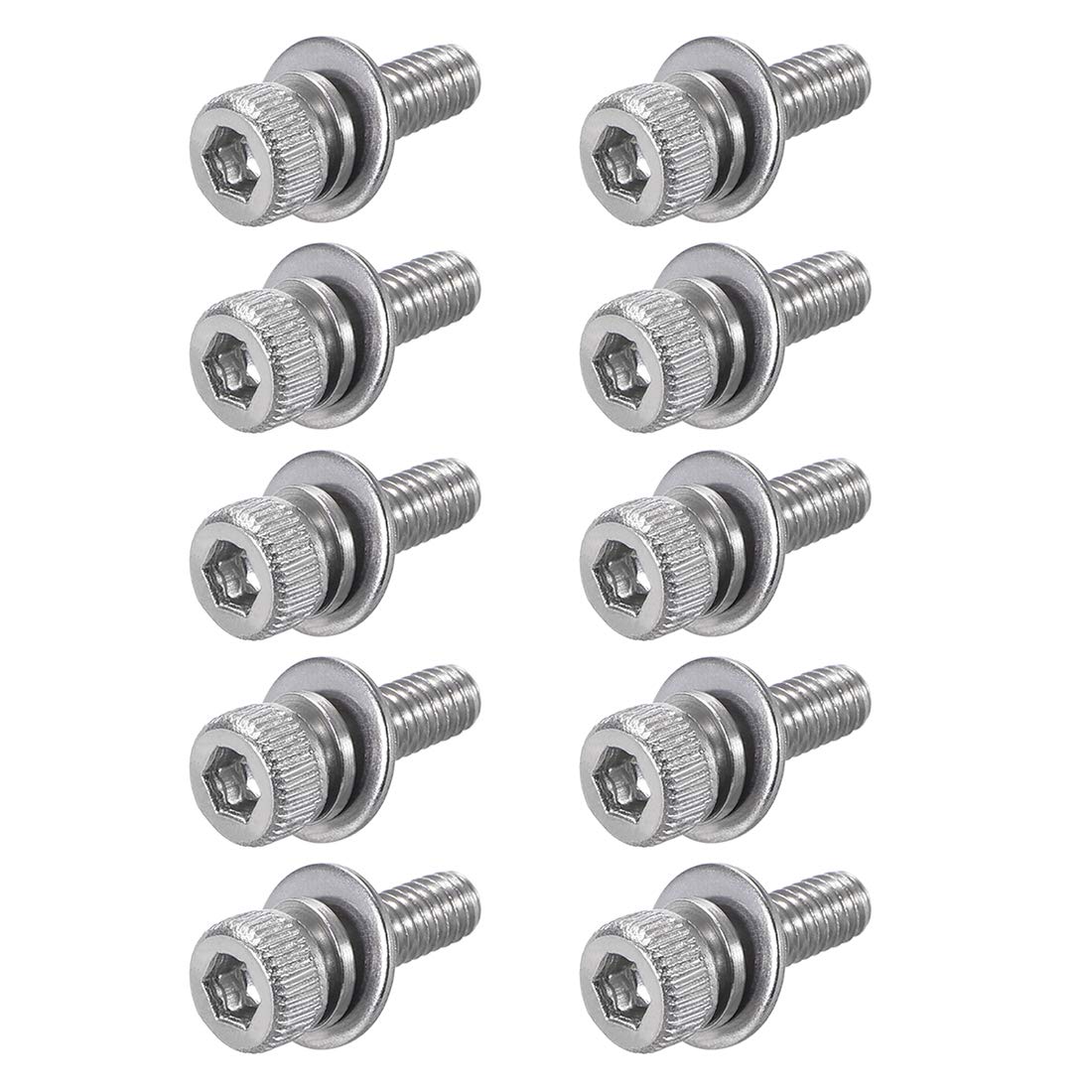 sourcing map M2.5 x 8mm Stainless Steel Hex Socket Head Cap Screws Bolts Combine with Spring Washer and Plain Washers 10pcs