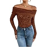 Women’s Off Shoulder Lace Ruched Tops Long Sleeve Slim Fit Blouses Shirts 2026 Going Out T-Shirt