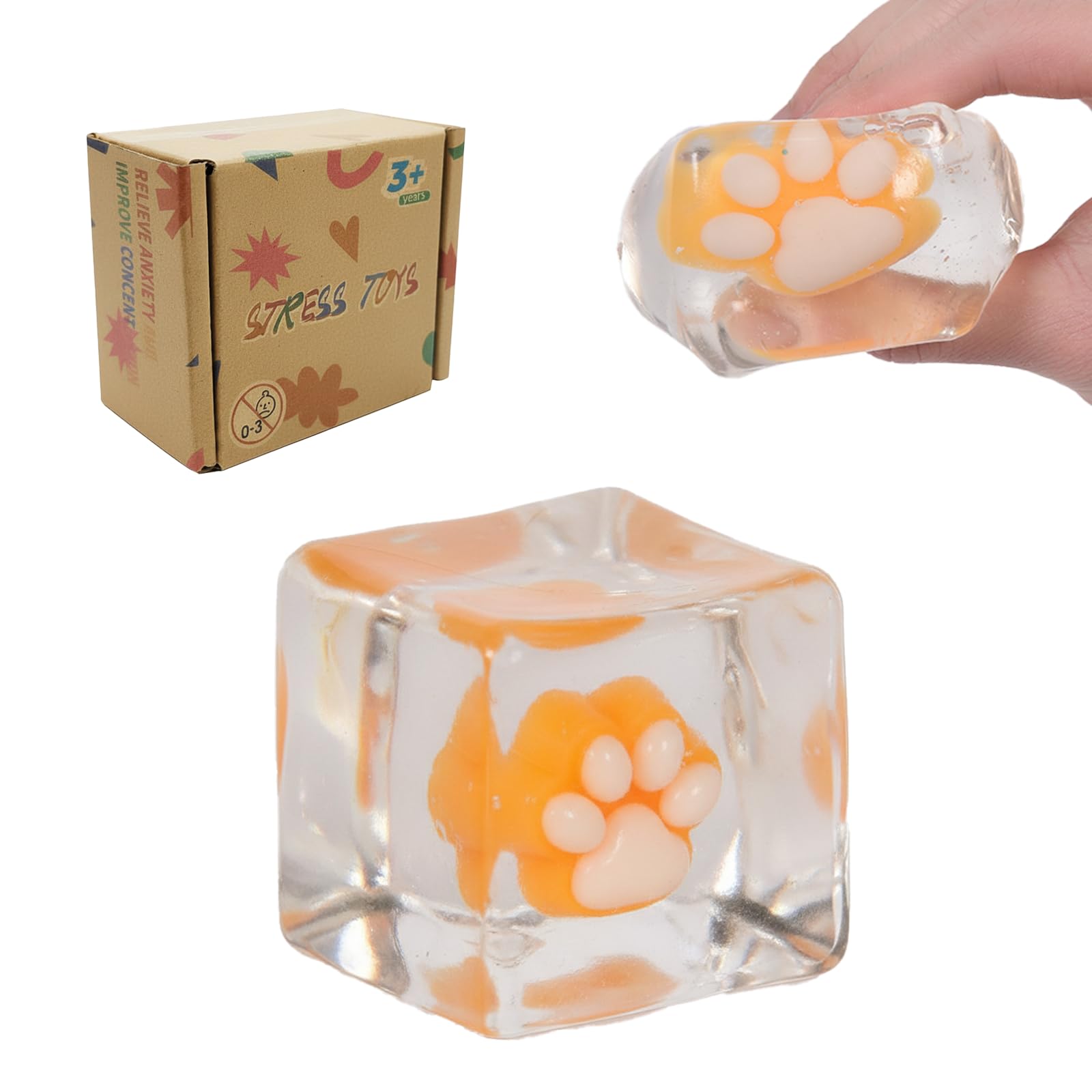 Jiezipeasy Paw Squishy Fidget Toy, Soft Slow-Rising Stress Relief Squeeze Cube, Sensory Handheld Fidget Toy for Kids and Adults, Clear (Orange)