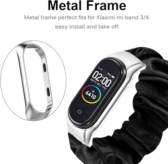 Miimall Correa Scrunchies Compatible con Xiaomi Mi Band 3 / Mi Band 4, Suave Tela Estampada Elástica Pulsera de Repuesto con Marco Metal para Xiaomi ...