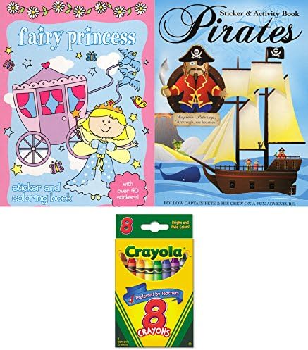 Pirates &amp; Princesses Stickers Childrens Activity Books, 2 books, 60 stickers and Crayola crayons