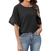 Womens Summer Tops Casual Crew Neck T Shirts Swiss Dot Bell Sleeve Tops Loose Fit Chiffon Blouses Vacation Outfits