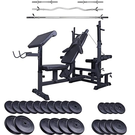 ScSPORTS® Hantelbank mit 100 kg Hantelset Kunststoff, Langhantelablage/Multi-Schrägbank mit Curlpult + Seilzug + Butterfly, verstellbar schwarz/grau