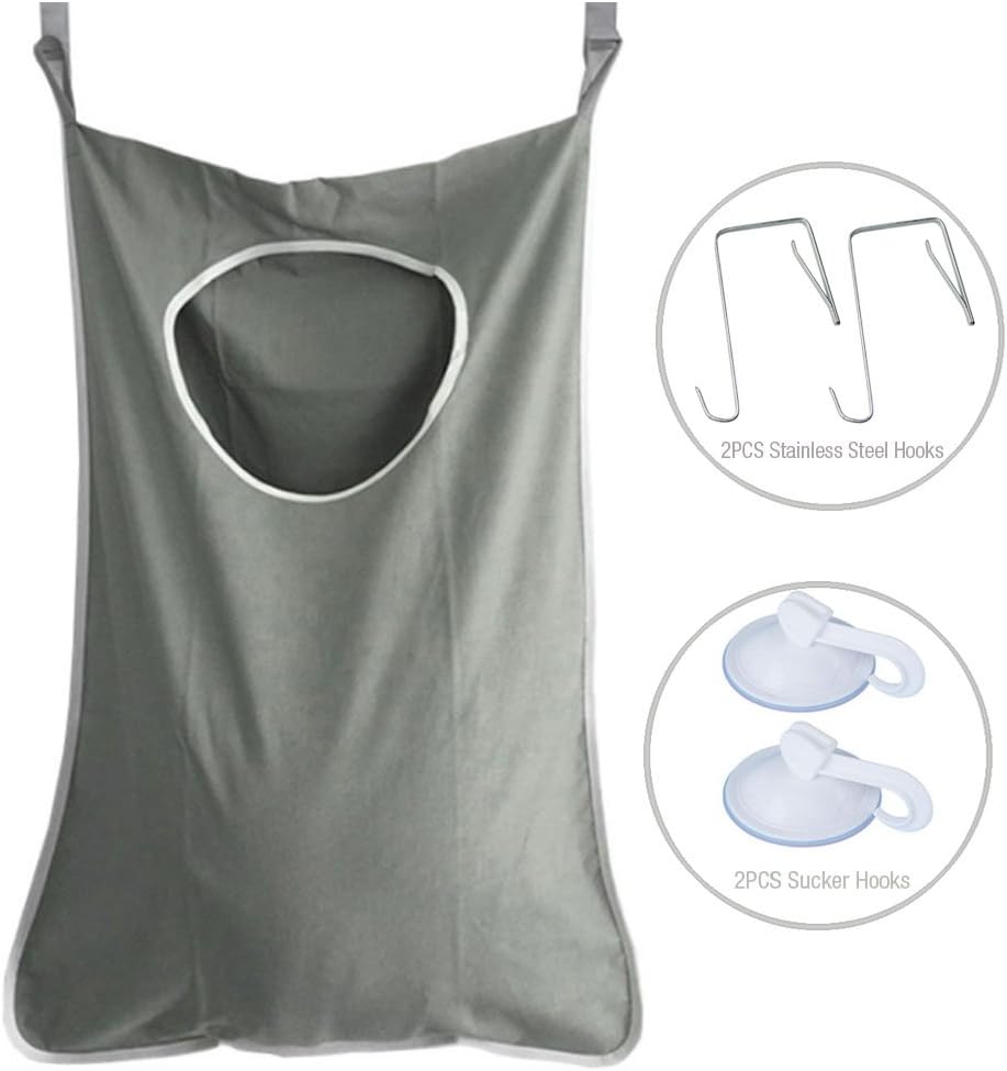 Uniuooi Door-Hanging Laundry Hamper Bag Grey, Foldable & Space Saving Corner Laundry Organiser with 2PCS Stainless Steel Door Hooks 2PCS Suction Hooks