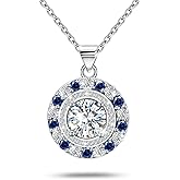Sapphire Circle Pendant Necklace for Women for Women S925 Sterling Silver Round Cut Halo CZ Design with Blue Crystals, Sparkling Cubic Zirconia Adjustable Chain Necklace for Birthday Wedding Christmas