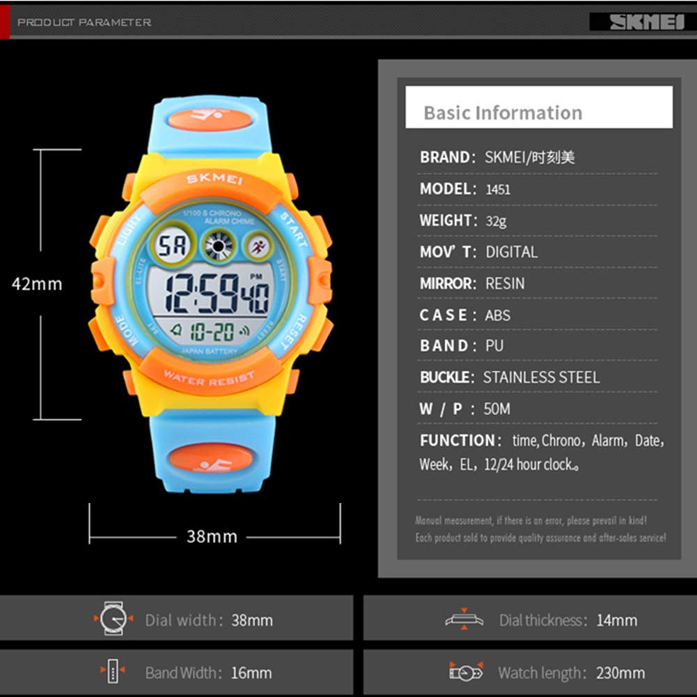 Tonnier Watch Kids Sports Watch Multi Function Digital Watches Colorful LED Display Waterproof Wristwatches for Children with PU Band