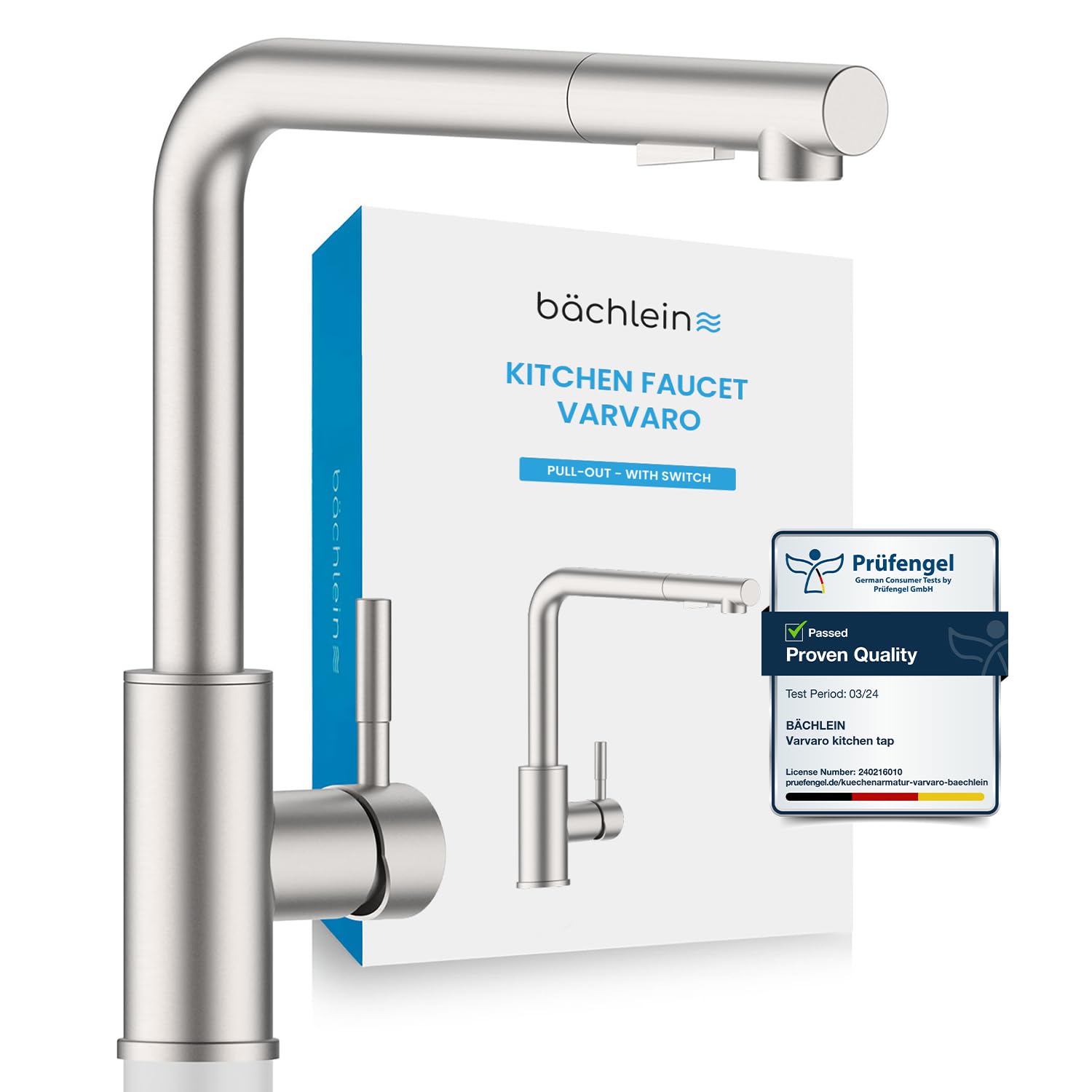 Bächlein Kitchen Faucet 360 Degree Swivel (Brushed Stainless Steel) - One-Hand Sink Mixer Made of Stainless Steel with Extendable Hose and Shower Head with Switch, Water Tap for The Kitchen