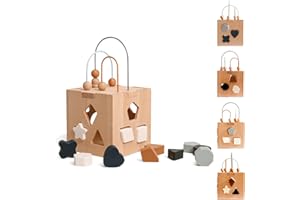 YOUUYS Wooden Activity Cube for Baby, 5 in 1 Wooden Activity Center with Bead Maze Shape Sorter, Montessori Toys for 1 2 3 Year Old Toddlers, Educational Learning Toys for Kids, Sorting & Stacking Board