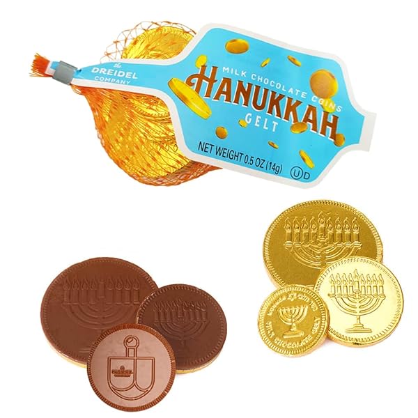 THE DREIDEL COMPANY 20-MESH BAGS ORIGINAL HANUKKAH CHOCOLATE GELT GOLD COINS, WITH MENORAH AND DREIDEL DESIGN, MADE WITH PREMIUM BELGIAN MILK CHOCOLATE, GLUTEN FREE, NON-GMO, KOSHER CERTIFIED