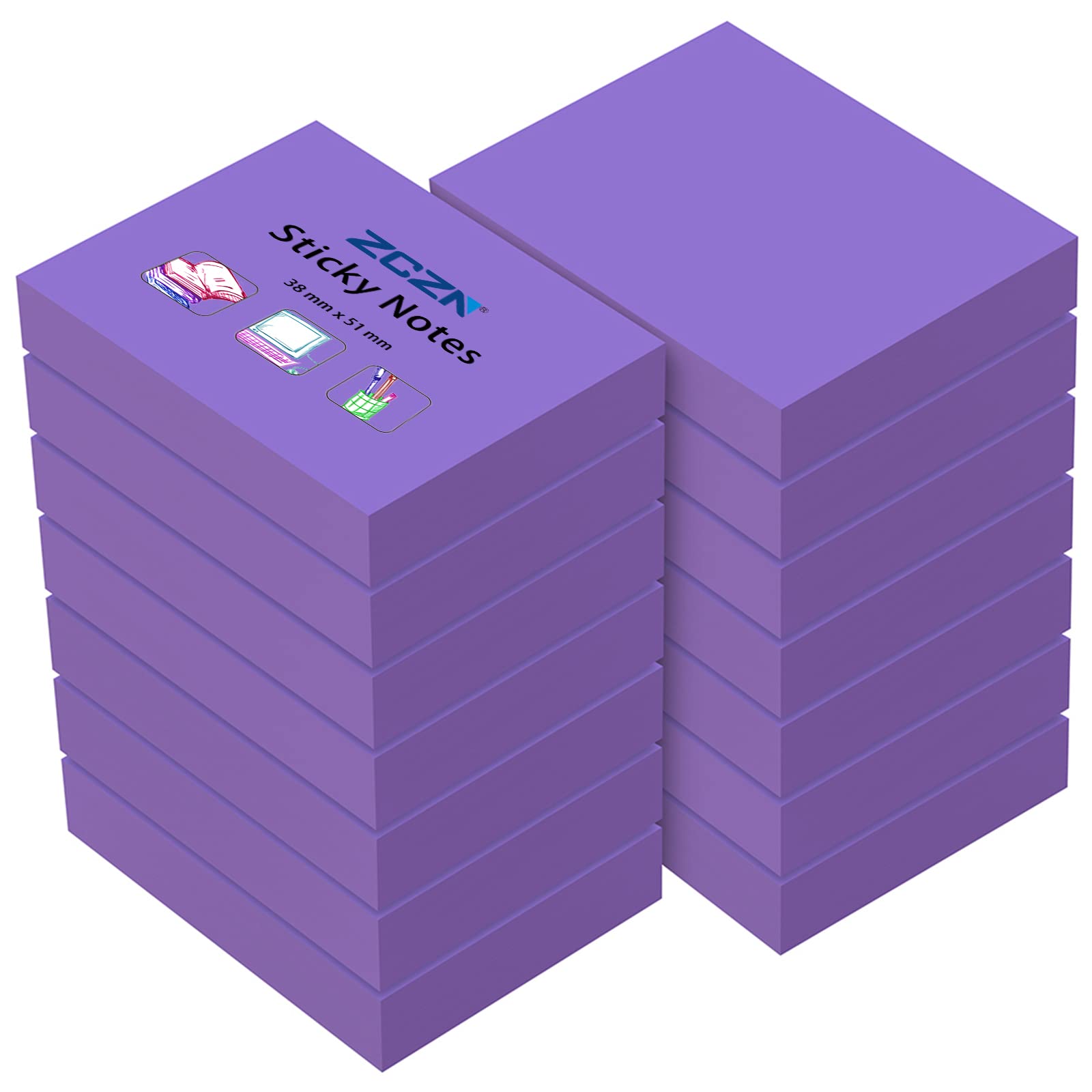 ZCZN Small Sticky Notes 38 x 51mm, 100 Sheets/Pad, 14 Pads, Purple