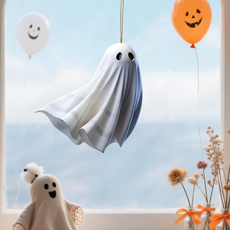 Halloween Geist Anhänger, 6 Stück Geister Hängend Deko, Halloween Deko zum Aufhängen, Acryl Anhänger Deko für Innen Außen Garten Party Dekoration