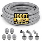 Elecoman 1/2inch 100ft Liquid-Tight Conduit and Connector Kit,Flexible Non-Metallic Liquid Tight Electrical Conduit Kit with 5 Straight and 3 90-Degree Connector Fittings,1/2 in. Dia
