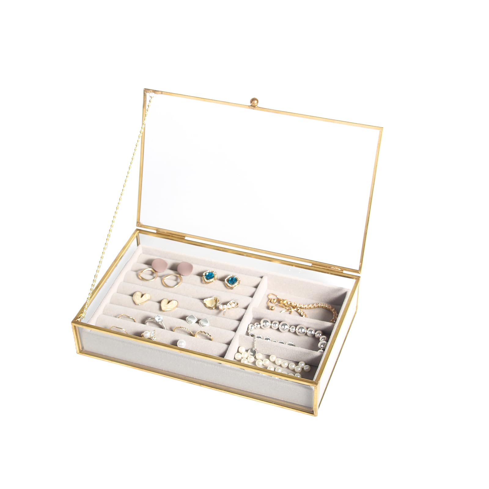 Photo 1 of Feyarl Gold Glass Jewelry Trinket Box Ring Earring Display Holder Box Bracelet Brooch Organizer Decorative Photo Cards Collection Keepsake Case Velvet Tray for Home Deco Dresser Table