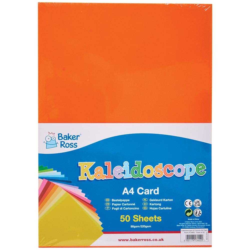 Baker Ross FC969 Kaleidoscope of Colours A4 Card Pack - Pack of 50 Sheets, Kids Crafts, Arts and Crafts for Kids, School Supplies